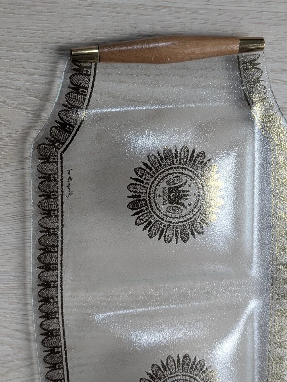Vintage Georges Briard Glass Tray, Teak Handles, Gold & Brown Design.